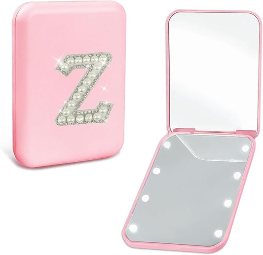 Personalized LED Pocket Mirror Pearl Letter 1X/2X Magnification Small Travel Makeup Mirror with Lights Pink Compact Mirror Folding Mirror Gifts Travel Essentials for Women Teen Girl (Z)