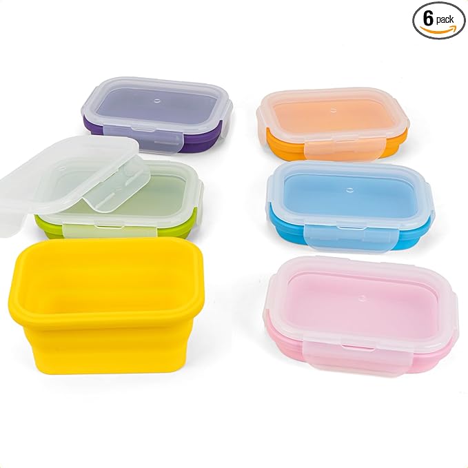 Reusable Silicone Snack Containers with Lids, 14oz, Small Collapsible Food Storage Containers for Meal Lunch Small Portion, Stackable, Space Saver for RV, Travel, Microwave Dishwasher Safe, 6 Pack