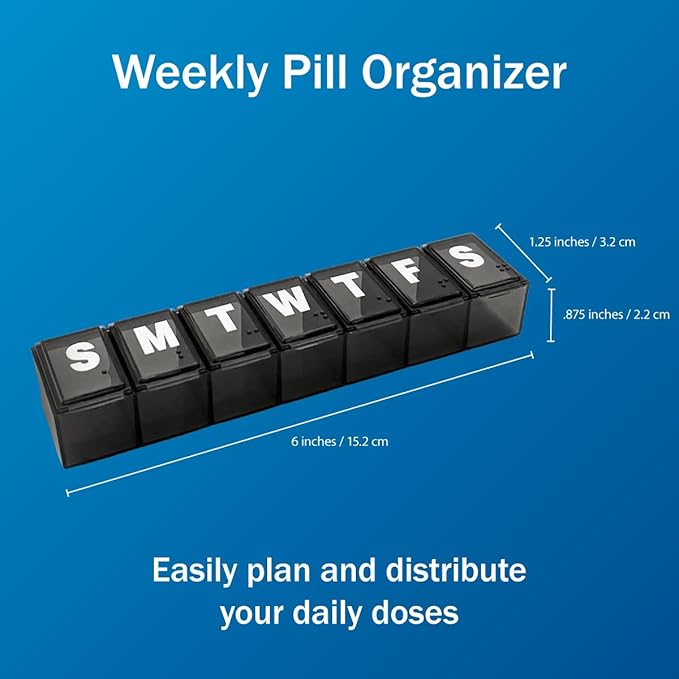 Amazon Basic Care Weekly (7-Day) Pill Organizer, Vitamin Planner, and Medicine Box, Medium Compartments, Black (Pack of 2)