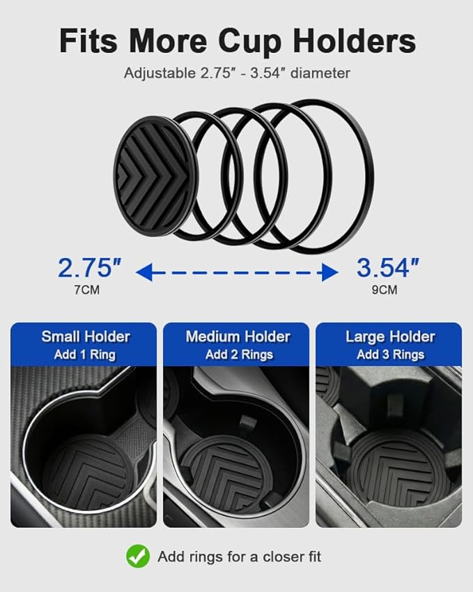 FitRing Adjustable Car Cup Holder Coasters, 2.75"–3.54" Adjustable Diameter, Silicone Coaster Upgrade Helps Reduce Side Gaps and Stay Put, 2-Pack