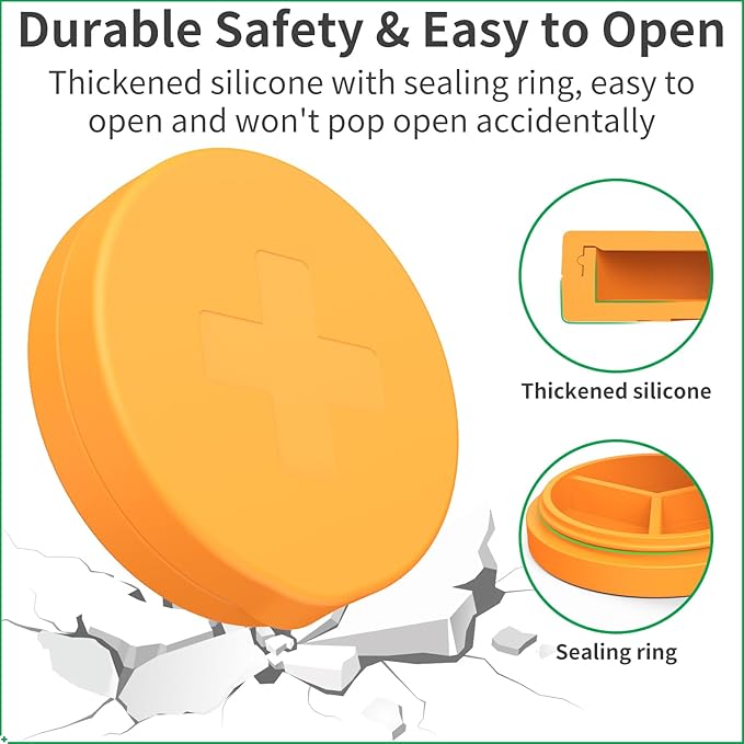 2 Pack Small Pill Box,3 Compartment Round Silicone Travel Pill Box for Purse Pocket, Waterproof Portable Compact Medicine Holder for Vitamin, Cod Liver Oil, Supplement(Orange+Yellow)