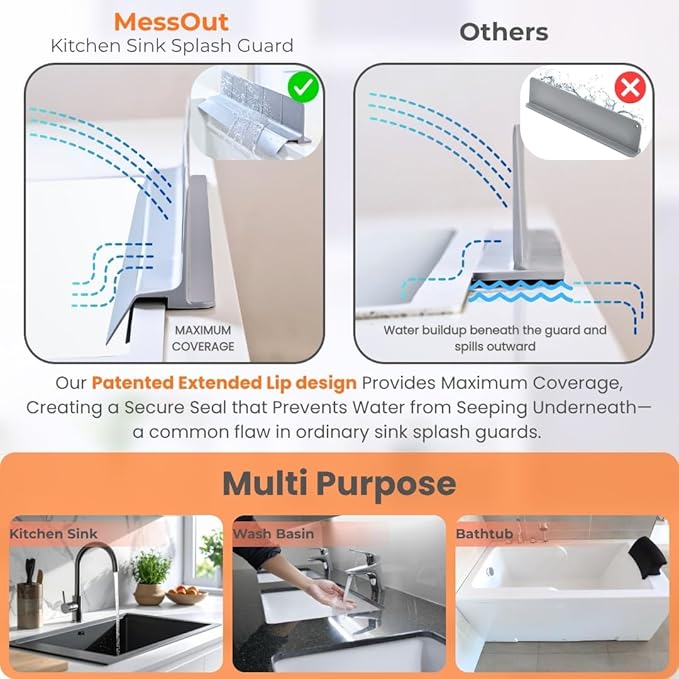 MessOut Extra Large Silicone Kitchen Sink Splash Guard 58x9x10cm – Non-Slip with Strong Suction, Non Crumble, Non-Harmful, Durable & Easy-to-Clean Protector for a Mess-Free Sink and Dishwashing (Grey)