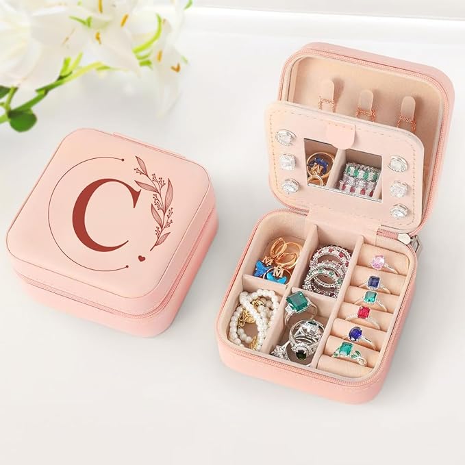 SANDJEST Personalized Jewelry Box, Pink Small Travel Jewelry Box with Initial C, Monogrammed Jewelry Case Organizer for Girls Women Teen, Mini Travel Essentials Gifts for Christmas Birthday