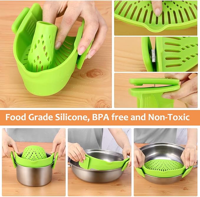 YEVIOR Clip on Strainer for Pots Pan Pasta Strainer, Silicone Food Strainer Hands-Free Pan Strainer, Clip-on Kitchen Food Strainer for Spaghetti, Pasta, Ground Beef Fits All Bowls and Pots (2P)