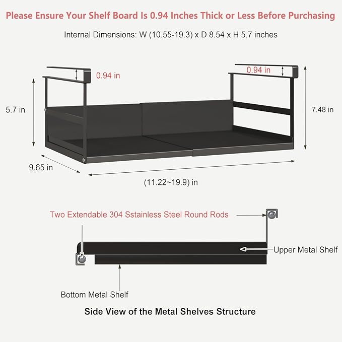 SHINEWON Expandable Under Cabinet Shelf Organizer with 0.94-Inch Thick Clips, Heavy Duty Extendable Under Shelf Storage Basket for Pantry or Laundry Room, Black, 2 Pack, Interior: 5.7" H x 8.54" D