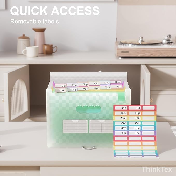ThinkTex Accordion File Organizer, 12 - Pocket Expanding File Folders for Paper Receipts, Bills & Taxes Organizer, Letter/A4 Size Document Holder for School, Office, Home with Colorful tabs- Green