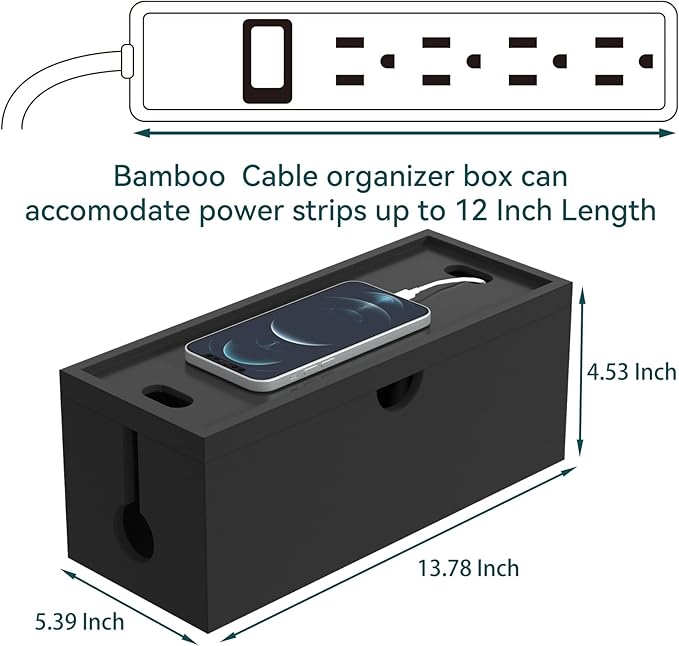 Bamboo Cable Management Box, Large Cord Organizer Box Cable Box to Hide Wires & Power Strips for Desktop Storage Cord Holder for Office Home, No Assembly Required (All Black, 1 Medium)