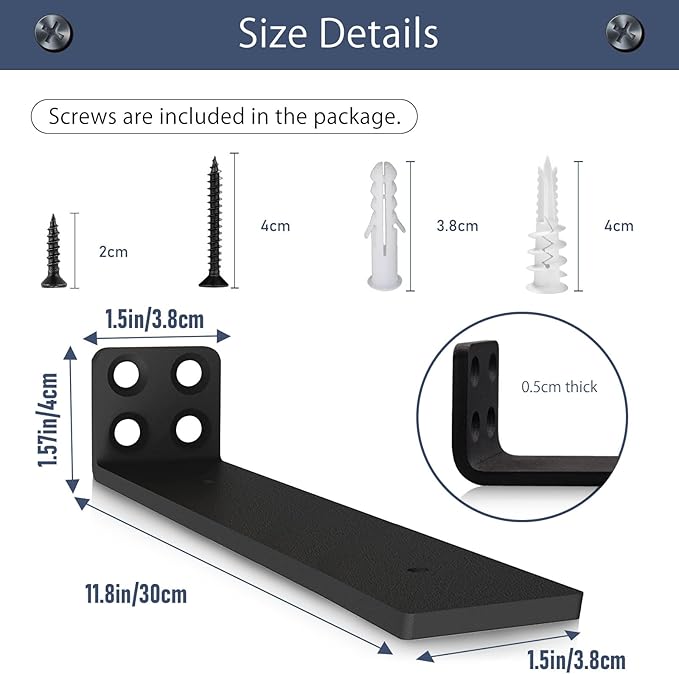 MLOQI 6 Pack Heavy Duty Shelf Brackets, L Brackets for Shelves, 5mm Thick Floating Shelf Bracket Up to 50KG Capacity (12Inch)