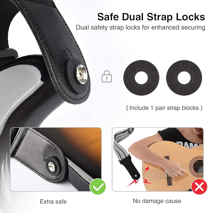 LEKATO Bass Guitar Strap - 3" Wide, Padded, Adjustable 45" to 55", With Pick Holder & 2 Safety Strap Locks