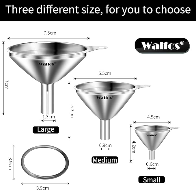 WALFOS Mini Stainless Steel Funnels, Multi-use Small Kitchen Funnel Set, for Transferring Liquid, Fluid, Essential Oils, Powder,Tiny Spices,Long-Lasting and Dishwasher Safe (3 in、2.2 in、1.7in)