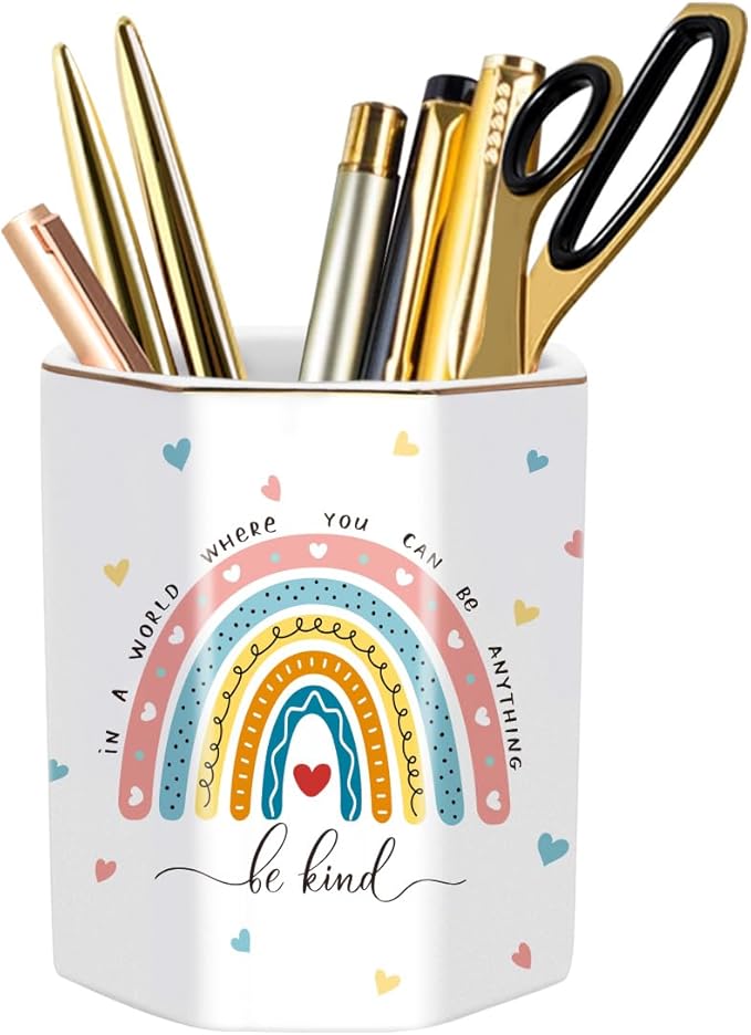 WAVEYU Pen Holder for Desk, Cute Ceramic Pencil Holder, Pen Cup Marker Holder Makeup Brush Holders, Desk Accessories & Workspace Organizers for Office, Home, Rainbow Pattern