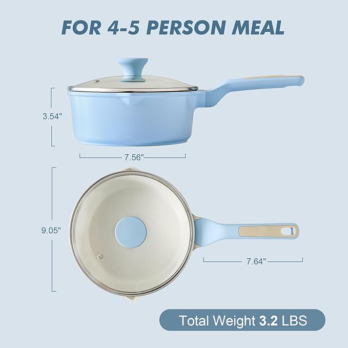 SENSARTE Ceramic Nonstick Saucepan with Double Pouring Spout 3.0 Quarts, Cooking Pot with Stay Cool Handle, Induction Compatible, Ceramic Coating, Free of Intentionally Added PFOA/PFAS, Blue