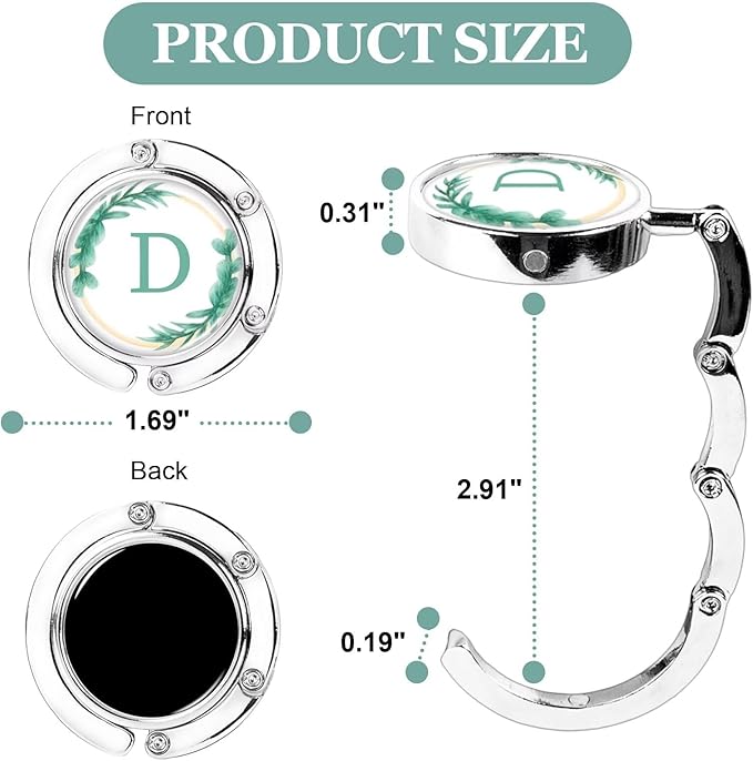 XSUIOY 3Pcs Personalized Initial Foldable Purse Hook for Table,Crushed Flower Letters Folding Purse Hanger,Purse Holder Handbag Hanger Collection Desk Table Bag Hooks Gifts for Women Bag(Green-D)