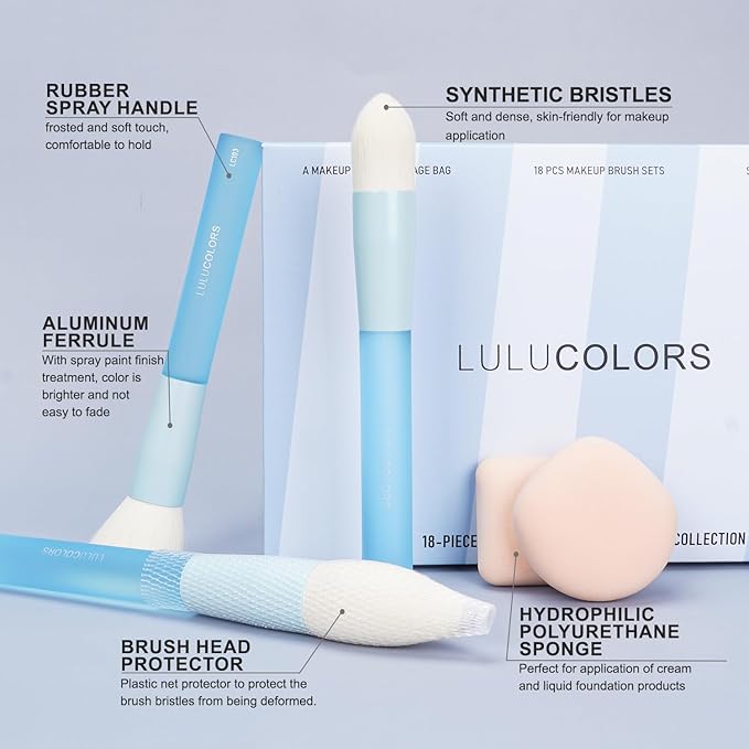 18-Piece Light Blue Professional Makeup Brush Set – Translucent Rubberized Handles, Soft Synthetic Bristles for Face & Eye Makeup – Includes Travel Bag & Sponges,Complete Brush Collection