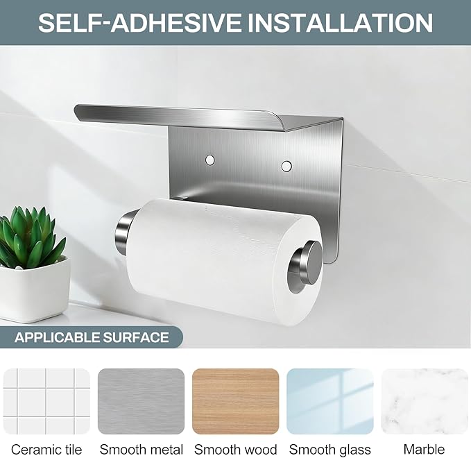 SetSail Toilet Paper Holder with Shelf Adhesive or Screw-in Bathroom Toilet Paper Roll Holders Wall Mount Brushed Nickel Heavy-Duty Tissue Holder for Bathroom Hardware Accessories, 2 Packs