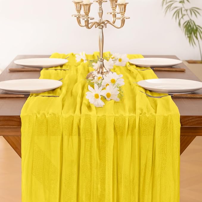 Socomi Yellow Cheesecloth Table Runner Summer Boho Rustic Gauze 120 inch 10FT Cheese Cloth Sheer Runner for Wedding Party Baby Shower Birthday Home Decor