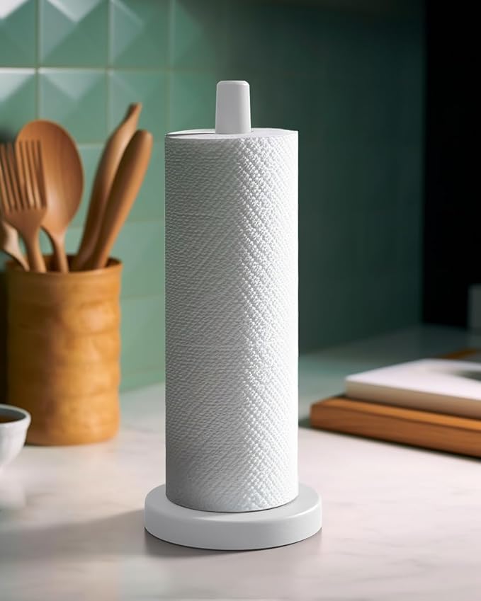 KitchLife Wooden Paper Towel Holder Countertop - Solid Freestanding Paper Towel Dispenser Stand with Anti-Skid Base (White)