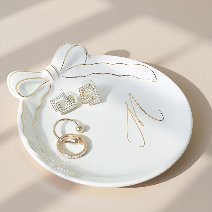 COLLECTIVE HOME - Personalized Initial Ceramic Jewelry Tray with Bow, Christmas Gift Ideas for Women, Small Gift for Girlfriend Wife, Ring Holder, Earrings Dish, Birthday Gift for Her (M)