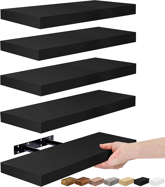 Sorbus Floating Shelves for Wall, Bathroom Shelves Wall Mounted for Kitchen, Bedroom, Living Room, Bathroom Storage, Over Toilet, Hanging Book Shelf for Wall Home Decor (Black, 5 Pack)