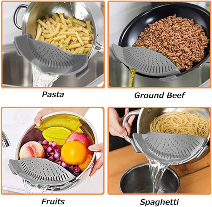 YEVIOR Clip on Strainer for All Pots Pan,Silicone Pasta Strainer Kitchen Gadgets,Collapsible Colander for Noodle,Vegetables,Fruit,Spaghetti (Grey)