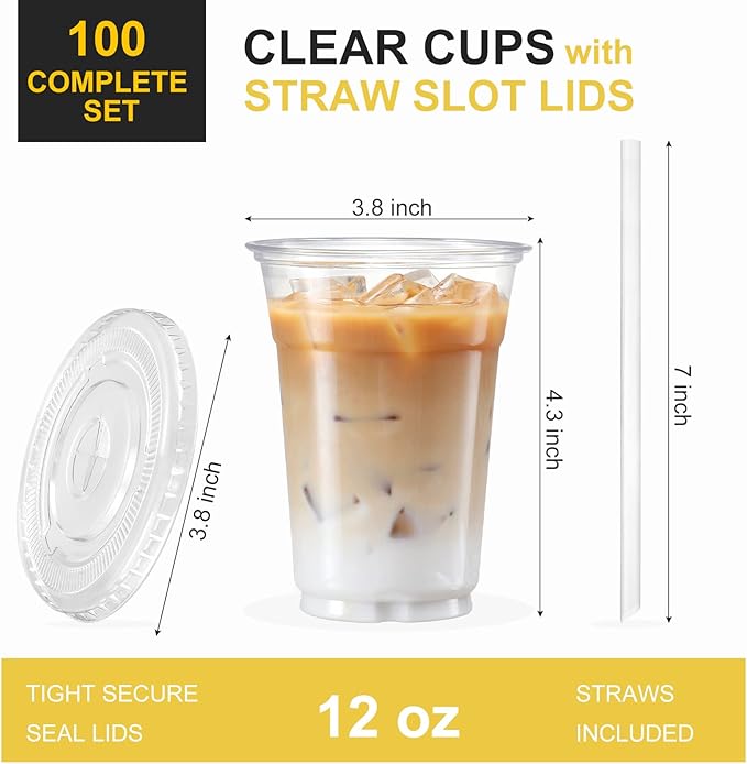 VITEVER 100 Sets - 12oz Clear Plastic Cups with Lids and Straws, Disposable Cups for Iced Coffee, Smoothie, Milkshake, Cold Drinks
