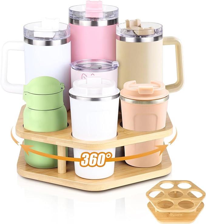 Water Bottle Organizer for Stanley 40 oz Tumbler, 7 Slots Rotatable Stanley Cup Organizer for Kitchen Cabinets, Wood Tumbler Organizer Holder for Stanley Cup Accessories Wood