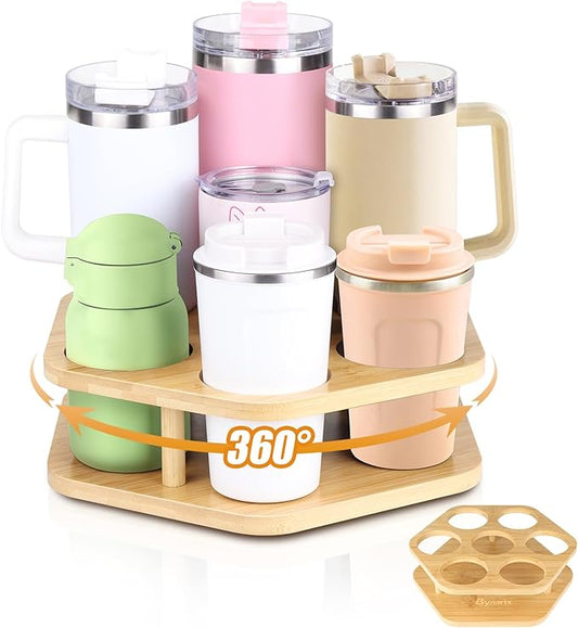 Water Bottle Organizer for Stanley 40 oz Tumbler, 7 Slots Rotatable Stanley Cup Organizer for Kitchen Cabinets, Wood Tumbler Organizer Holder for Stanley Cup Accessories Wood