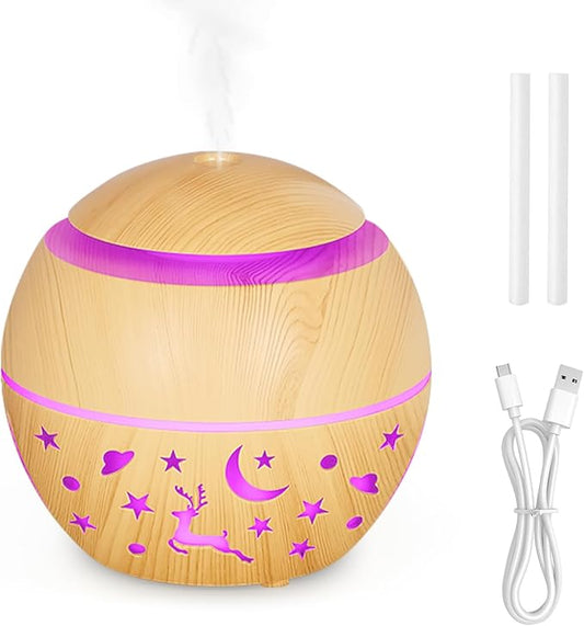 200ml Essential Oil Diffuser, Small Humidifiers for Bedroom with USB Charging, LED Lights, 2 Filter Sticks, Portable Wood Grain Quiet Aromatherapy Mist Diffusers, Gift for Girls