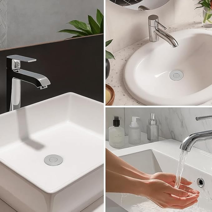 (All Metallic) Bathroom Sink Plug, Pop-up Drain for Bathroom Sink, Sink Plug Hair Collector, Silent Popper Core with Removable Stainless Steel Filter Basket (Brushed Nickel, 2 Pack)