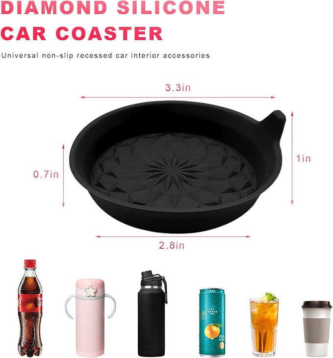 4 PCS Car Cup Holder Coasters, 2.75 Inch Anti-Slip Insert Silicone Car Coaster Drink Mat, Shockproof Universal Auto Cup Coasters for Most Vehicles, Car Interior Accessories (Black)