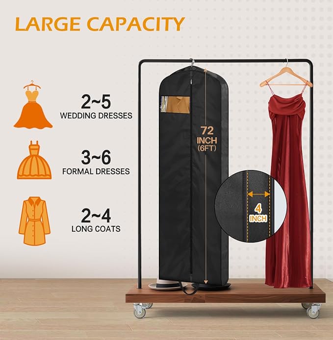 MISSLO 72" Wedding Dress Garment Bag Waterproof Garment Bags for Travel for Women Dress Bags for Gowns Long for Closet Storage, Black