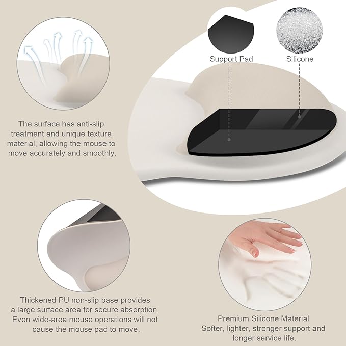MOSISO Wrist Rest Support for Mouse Pad & Keyboard Set, Circle Curved Ergonomic Mousepad & Coaster with Non-Slip Base for Home/Office, Pain Relief & Easy Typing Pad with Soft Cloth & Silicone Lining, Khaki