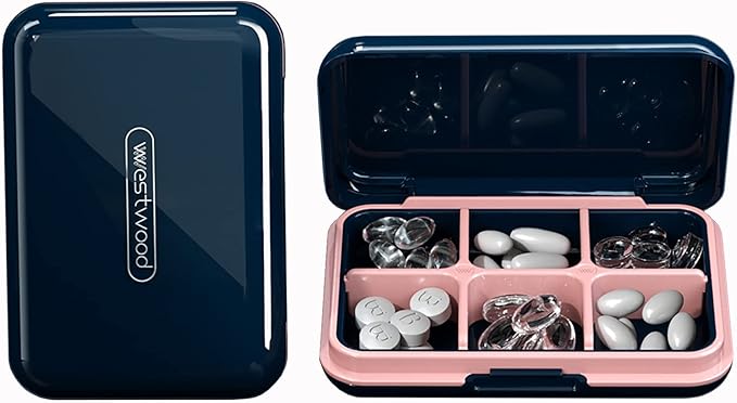 DUBSTAR Travel Pill Organizer Moisture Waterproof Small Pill Box for Pocket Purse 6 Compartments Portable Pill Case Medicine Vitamin Holder Container,Blue