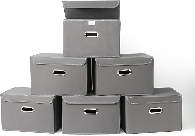 Fabric Foldable Collapsible Storage Cube Bin Organizer Basket with Lid, Handles, Removable Divider for Home, Closet (Grey, 6Pcs)