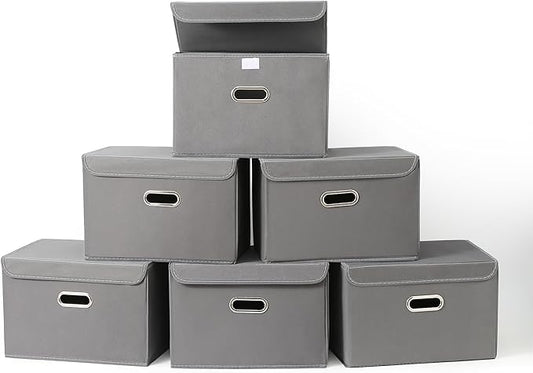 Fabric Foldable Collapsible Storage Cube Bin Organizer Basket with Lid, Handles, Removable Divider for Home, Closet (Grey, 6Pcs)
