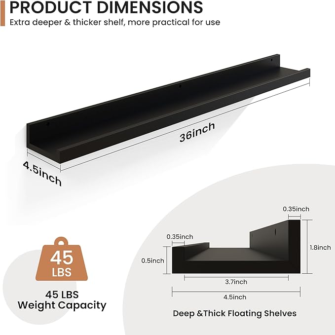Fun Memories Picture Ledge Shelves Set of 2, 36 Inch Rustic Wall Mounted Floating Shelves with Lip for Home Storage and Decor in Bathroom, Kitchen, Nursery, Bedroom, Living Room, Black
