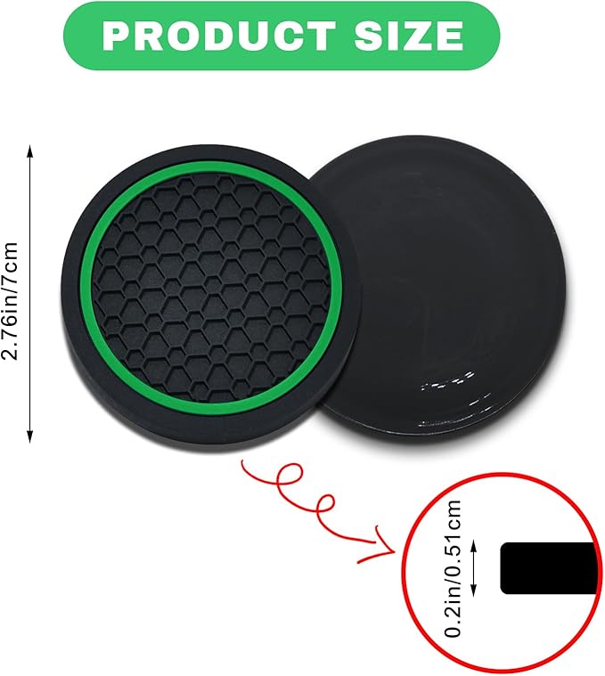 4PCS Car Cup Holder Coasters, 2.75 Inch Non-Slip Insert Cup Holder Pad, Dustproof Automotive Interior Accessories Mat, Universal for Trucks, Vehicles, RVs and More (Black/Green)