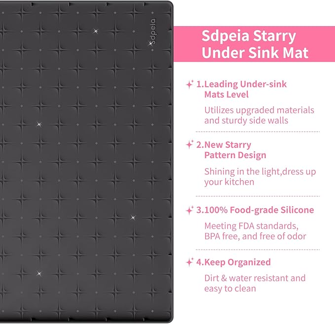 Sdpeia Under Sink Mat 22"×14" Waterproof Silicone Cabinet Liner & Sink Protector for Kitchen & Bathroom, Multi-Purpose Organizers Tray for Pets, Laundry, Cat Litter Mat, Black