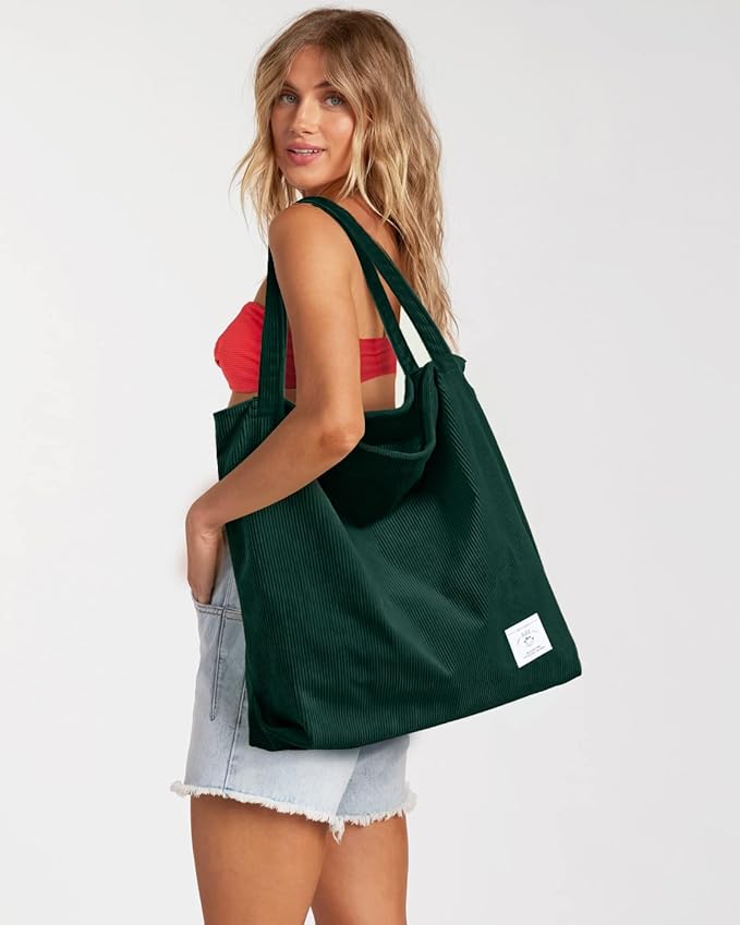KALIDI Women Corduroy Tote Bag Zipper Casual Tote's Handbag Big Capacity Shoulder Bag with Pockets