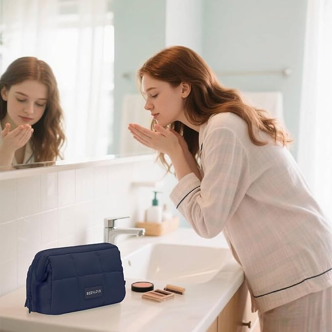 Makeup Bag Travel Toiletry Bag - Cute Make Up Bag, Waterproof Cosmetic Bag with Multiple Compartments, Wide-open Makeup Pouch for Cosmetics, Toiletries, and Travel Essentials, Navy Blue