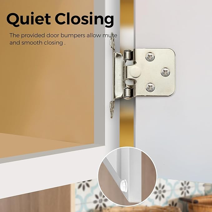 2 Pack 1 Pair Brushed Nickel Cabinet Hinges - 1/2 inch Overlay Kitchen Cabinet Hinges, Semi-Concealed Hinges, Self Closing Cabinet Door Hinges with Door Bumper, Silver Face Mount Cabinet Hardware