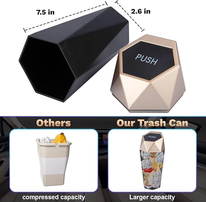 Car Trash Can, Car Trash Bin with Lid, Car Accessories for Women Interior, Car Garbage Can with Additional 2 ABS Hooks and 60pcs Trash Bags, Suitable for Home, Office, Car Organizer, Gold