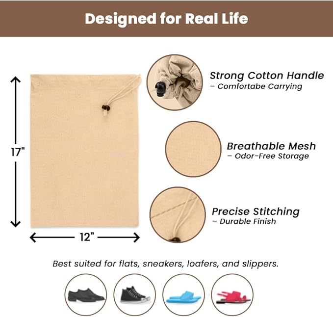 LFH Cotton Shoe Storage Bags with Drawstring, Dustproof Breathable Reusable Organizer, Perfect For Travel, Dorm, Hotel, College, Gym, Easy to Carry, Machine Washable 12"x17" (Pack of 4) - Natural
