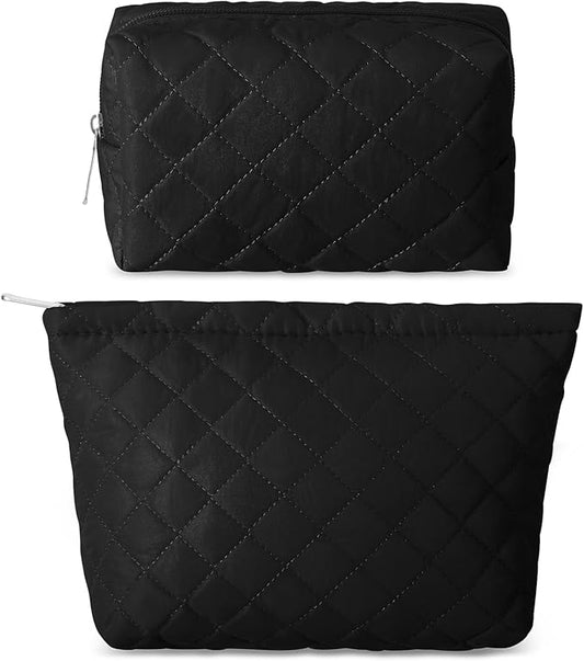 2 Pcs Pencil Case Quilted Makeup Bag Aesthetic Cosmetic Pouch for Women Puffer Travel Toiletry Bag Set Cotton Small Purse Pouch Makeup Organizer with Zipper(Black)