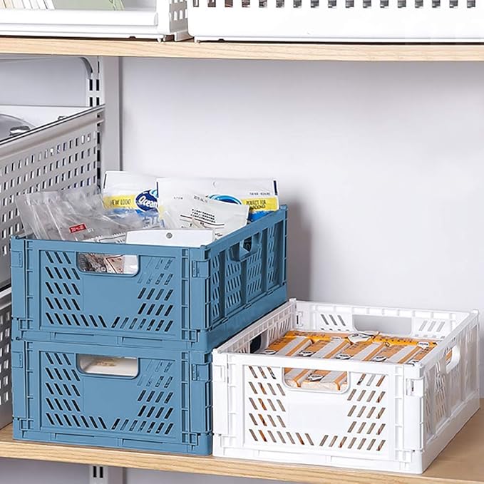 2 Blue 2 White Plastic Storage Basket Folding Storage Boxes Crate Drawer Organizer Stackable Shelf Basket Collapsible Closet Container Food Fruit Bottle Book Organizer for Home Office Kitchen Basket