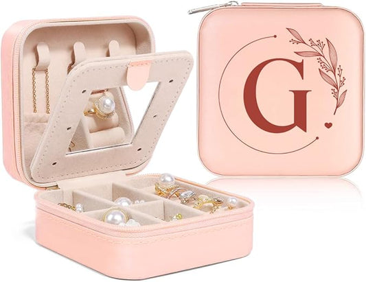 SANDJEST Personalized Jewelry Box, Pink Small Travel Jewelry Box with Initial G, Monogrammed Jewelry Case Organizer for Girls Women Teen, Mini Travel Essentials Gifts for Christmas Birthday