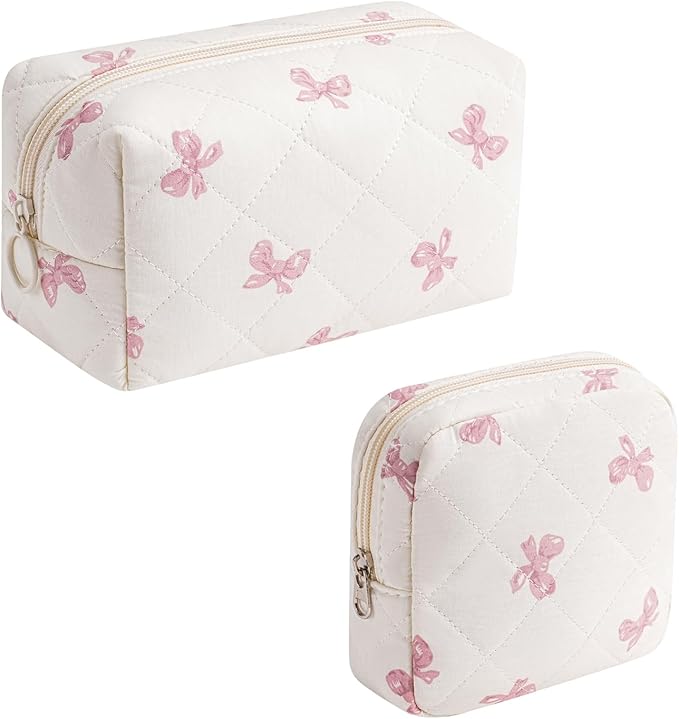 2pcs Small Quilted Cotton Makeup Bag for Purse, Cosmetic Bag with Compartments, Cotton Aesthetic Makeup Bag, Travel Toiletry Pouch, Lipstick Bag Card Holder Data Cable Organizer (Pink Bow Set)