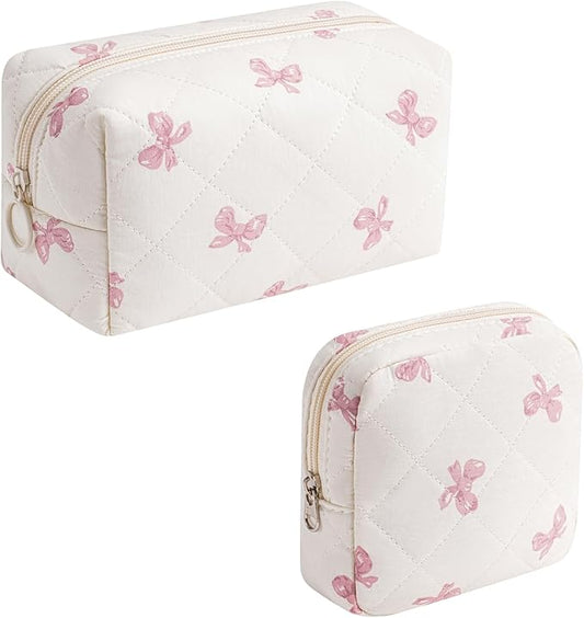 2pcs Small Quilted Cotton Makeup Bag for Purse, Cosmetic Bag with Compartments, Cotton Aesthetic Makeup Bag, Travel Toiletry Pouch, Lipstick Bag Card Holder Data Cable Organizer (Pink Bow Set)