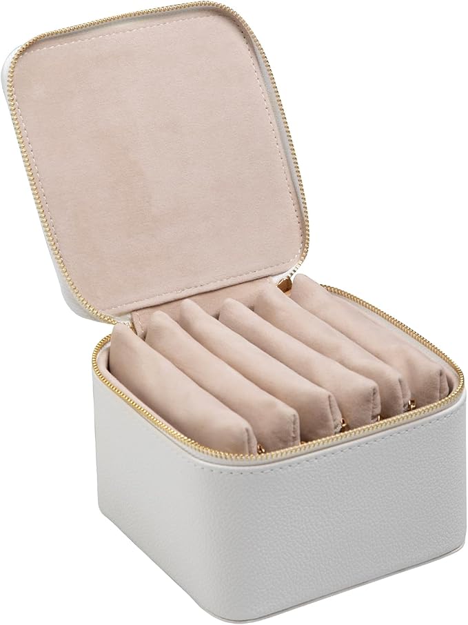 Frebeauty Small Travel Jewelry Box,Travel Jewelry Case with 6 Pouch Bags,Portable Travel Jewelry Organizer,Mini Jewelry Storage,3.35 x 4.9 x 4.8 Inches,Gift Idea for Women Girls (White)