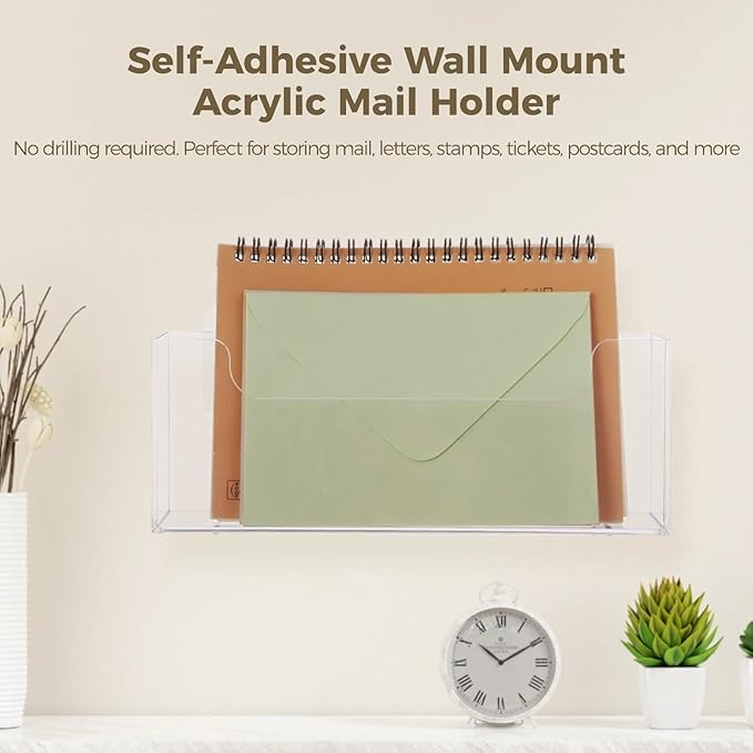 Homaisson Clear Acrylic Mail Holder Box for Desk or Wall Mount, Mail Organizer Countertop, Modern Wall Mounted or Tabletop Mailbox, Letter Storage Organizer Box (Clear-2PCS)